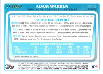 2011 Bowman - Chrome Prospect Autographs Blue Refractors #BCP111 Adam Warren Back