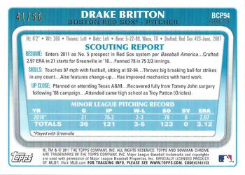2011 Bowman - Chrome Prospect Autographs Gold Refractors #BCP94 Drake Britton Back
