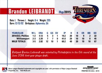 2015 Grandstand Clearwater Threshers #NNO Brandon Leibrandt Back