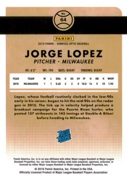 2016 Donruss Optic #64 Jorge Lopez Back