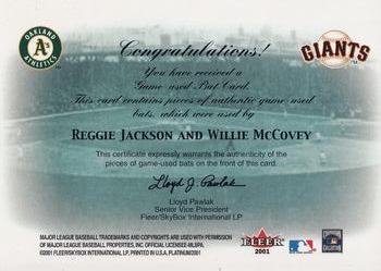 2001 Fleer Platinum - Classic Combinations Memorabilia #NNO Willie McCovey / Reggie Jackson Back