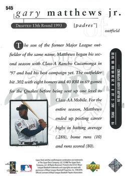 1998 Upper Deck #545 Gary Matthews Jr. Back