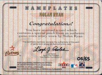 2001 Fleer Platinum - Nameplates #NNO Nolan Ryan Back