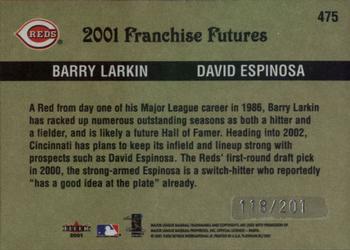 2001 Fleer Platinum - Platinum Edition #475 Barry Larkin / David Espinosa Back