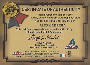 2001 Fleer Premium - Autographics #NNO Alex Cabrera Back