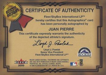 2001 Fleer Premium - Autographics #NNO Juan Pierre Back