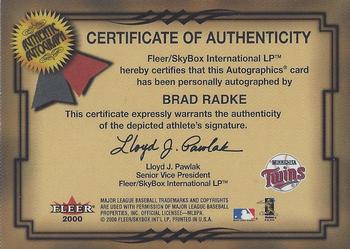 2001 Fleer Premium - Autographics #NNO Brad Radke Back