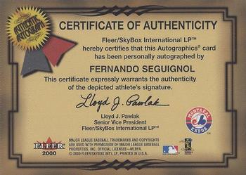 2001 Fleer Premium - Autographics #NNO Fernando Seguignol Back