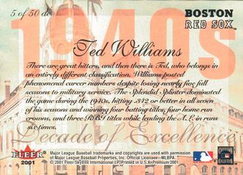 2001 Fleer Premium - Decades of Excellence #5 de Ted Williams Back