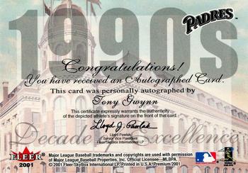 2001 Fleer Premium - Decades of Excellence Autograph #NNO Tony Gwynn Back