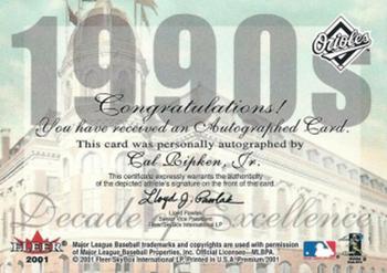 2001 Fleer Premium - Decades of Excellence Autograph #NNO Cal Ripken Jr. Back