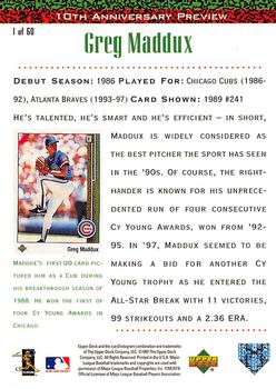 1998 Upper Deck - 10th Anniversary Preview #1 Greg Maddux Back