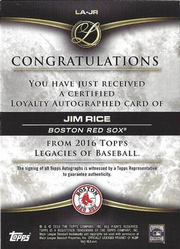 2016 Topps Legacies of Baseball - Loyalty Autographs Green #LA-JR Jim Rice Back