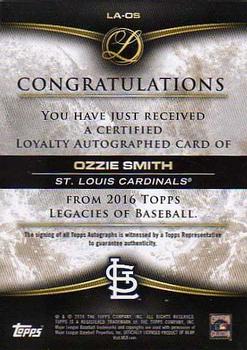 2016 Topps Legacies of Baseball - Loyalty Autographs Green #LA-OS Ozzie Smith Back
