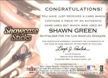 2001 Fleer Showcase - Sticks #NNO Shawn Green Back