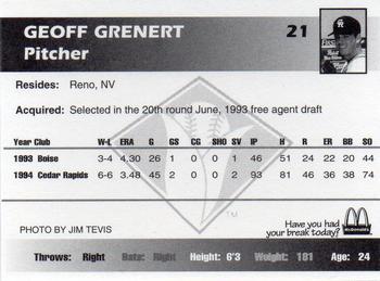 1995 Cedar Rapids Kernels #NNO Geoff Grenert Back