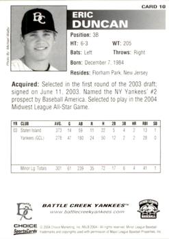 2004 Choice Battle Creek Yankees #10 Eric Duncan Back