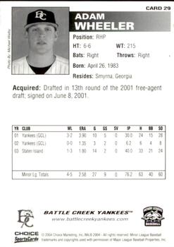 2004 Choice Battle Creek Yankees #29 Adam Wheeler Back