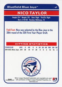 2012 Grandstand Bluefield Blue Jays #NNO Nico Taylor Back