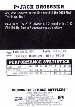 2016 Choice Wisconsin Timber Rattlers #09 Jake Drossner Back