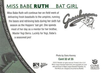 2012 MultiAd Greensboro Grasshoppers SGA #32 Miss Babe Ruth Back