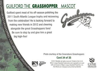 2012 MultiAd Greensboro Grasshoppers SGA #34 Guilford the Grasshopper Back
