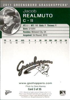 2011 MultiAd Greensboro Grasshoppers #3 Jacob Realmuto Back