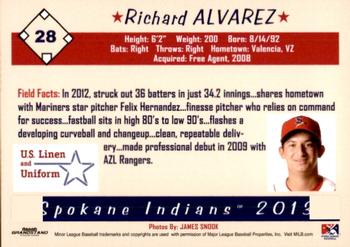 2013 Grandstand Spokane Indians #NNO Richard Alvarez Back
