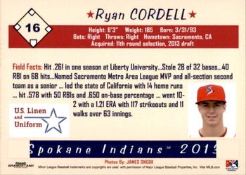 2013 Grandstand Spokane Indians #NNO Ryan Cordell Back