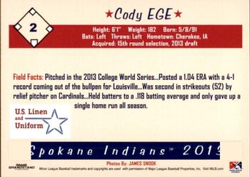 2013 Grandstand Spokane Indians #NNO Cody Ege Back
