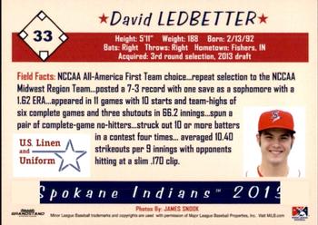 2013 Grandstand Spokane Indians #NNO David Ledbetter Back
