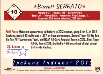 2013 Grandstand Spokane Indians #NNO Barrett Serrato Back