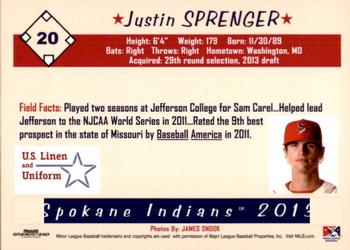 2013 Grandstand Spokane Indians #NNO Justin Sprenger Back