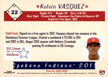 2013 Grandstand Spokane Indians #NNO Kelvin Vasquez Back