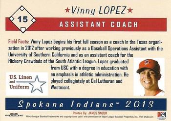2013 Grandstand Spokane Indians #NNO Vinny Lopez Back
