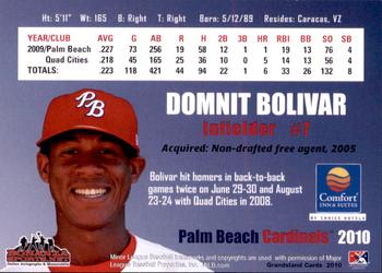 2010 Grandstand Palm Beach Cardinals #NNO Domnit Bolivar Back
