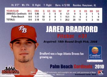 2010 Grandstand Palm Beach Cardinals #NNO Jared Bradford Back
