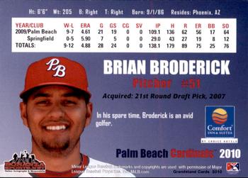 2010 Grandstand Palm Beach Cardinals #NNO Brian Broderick Back