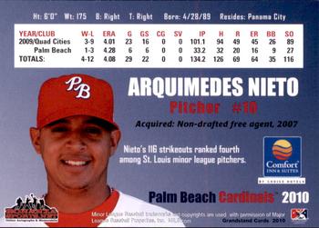 2010 Grandstand Palm Beach Cardinals #NNO Arquimedes Nieto Back