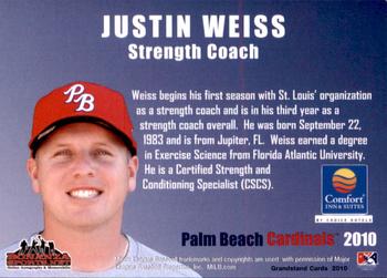 2010 Grandstand Palm Beach Cardinals #NNO Justin Weiss Back