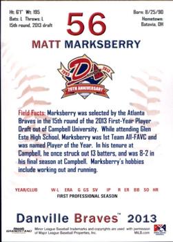 2013 Grandstand Danville Braves #NNO Matt Marksberry Back