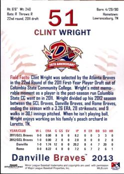 2013 Grandstand Danville Braves #NNO Clint Wright Back