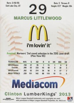 2013 Grandstand Clinton LumberKings #NNO Marcus Littlewood Back