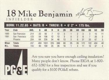 1992 PG&E San Francisco Giants #NNO Mike Benjamin Back
