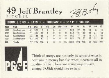 1992 PG&E San Francisco Giants #NNO Jeff Brantley Back