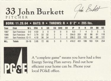 1992 PG&E San Francisco Giants #NNO John Burkett Back