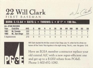 1992 PG&E San Francisco Giants #NNO Will Clark  Back