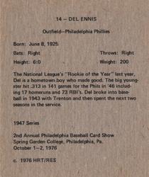 1976-77 HRT/RES 1947 Bowman #14 Del Ennis Back