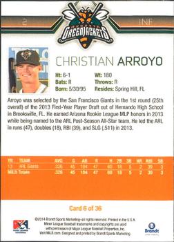 2014 Brandt Augusta GreenJackets #6 Christian Arroyo Back