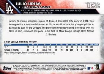 2016 Topps Update #US45 Julio Urias Back